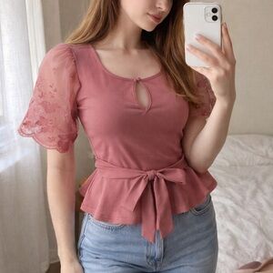 Pink Lace Puff Sleeve Peplum Top Size Small Tie Waist Feminine